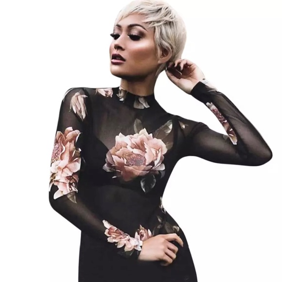 Silky Soft Floral Sheer Mesh Long Sleeve Top Black & Pink - Picture 3 of 12